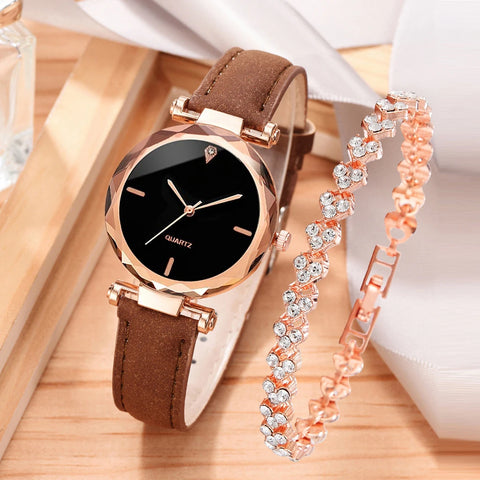 2pcs Luxury Women Watch Set PU Leather Strap