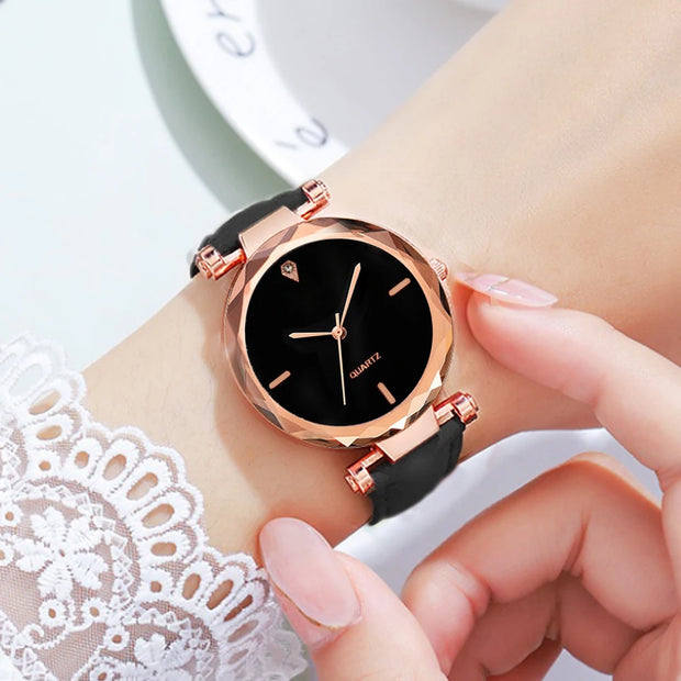 2pcs Luxury Women Watch Set PU Leather Strap