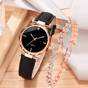 2pcs Luxury Women Watch Set PU Leather Strap