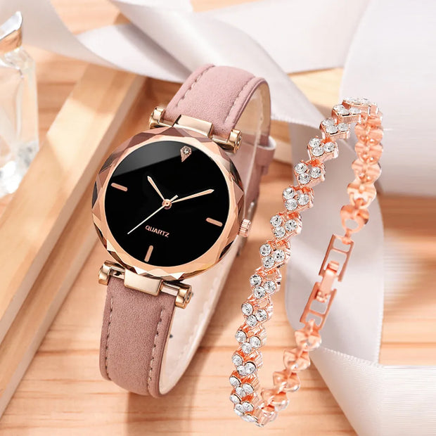 2pcs Luxury Women Watch Set PU Leather Strap