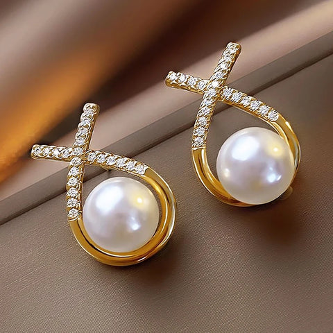 Metal Fashion Pearl Sparkling Zircon Cuff Clip Earrings