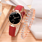 2pcs Luxury Women Watch Set PU Leather Strap