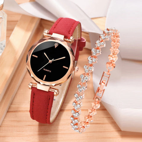 2pcs Luxury Women Watch Set PU Leather Strap