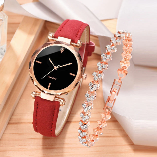 2pcs Luxury Women Watch Set PU Leather Strap