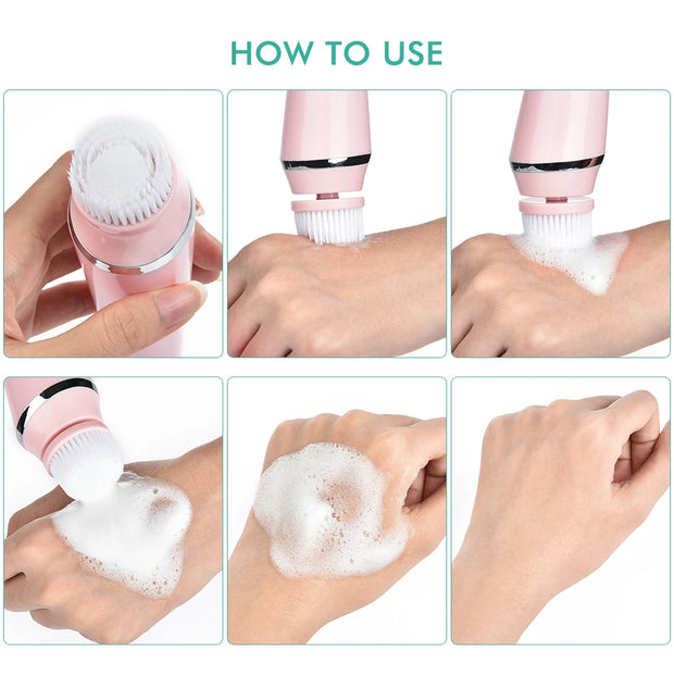 Electric Facial Cleansing Brush with 4 Face Cleaning Brush Heads Waterproof 3 modes skincare