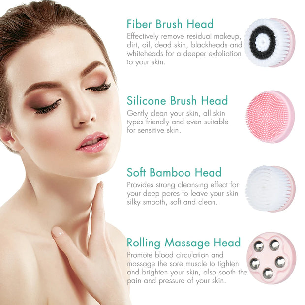 Electric Facial Cleansing Brush with 4 Face Cleaning Brush Heads Waterproof 3 modes skincare